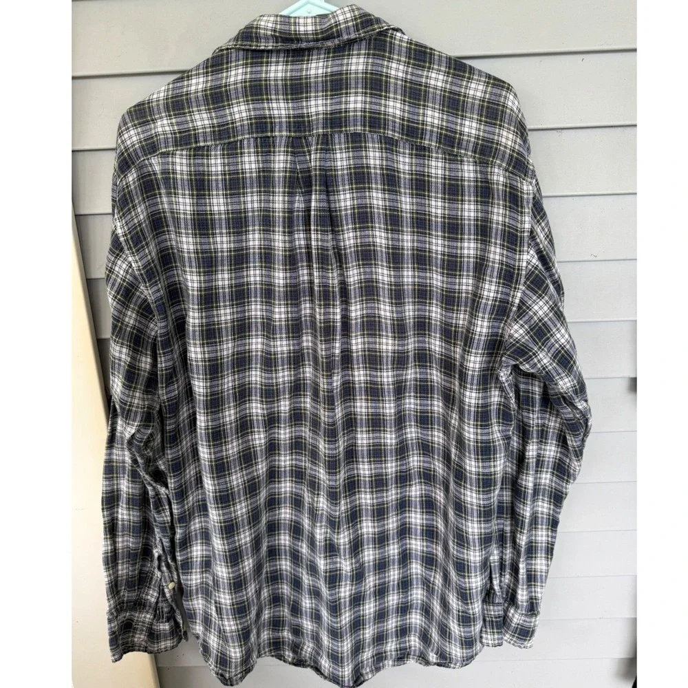 J Crew Mens Large 100% Linen Plaid Button Down Shirt Blue Green